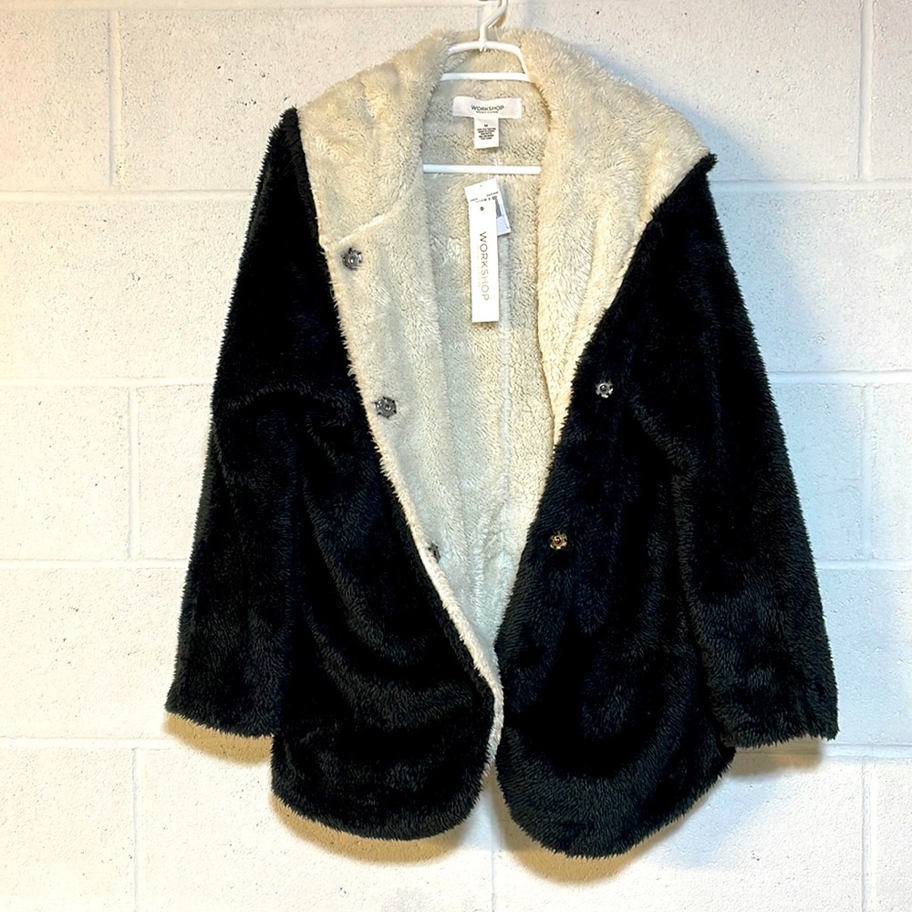 NWT black teddy jacket hoodie fleece fuzzy cozy soft Republic Clothing white DP